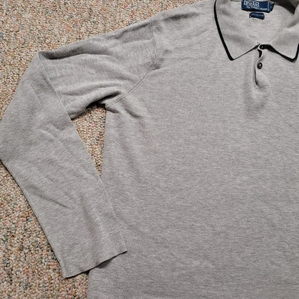 Polo Ralph Lauren Knit Polo Shirt Men Large Gray Pima Cotton Long Sleeve Vintage